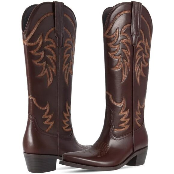 ⚡Women's Brown Knee High Chunky Heel Pointed Toe Wide Calf Pull On Embroidered - Picture 3 of 5